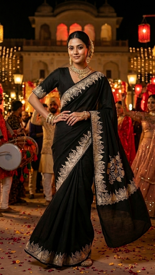 Black Crape Kashmiri Saree