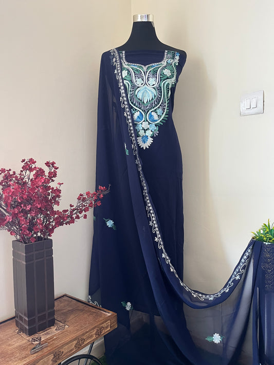 Royal Blue Georgette Shirt and Dupatta Aari Embroidered Suit