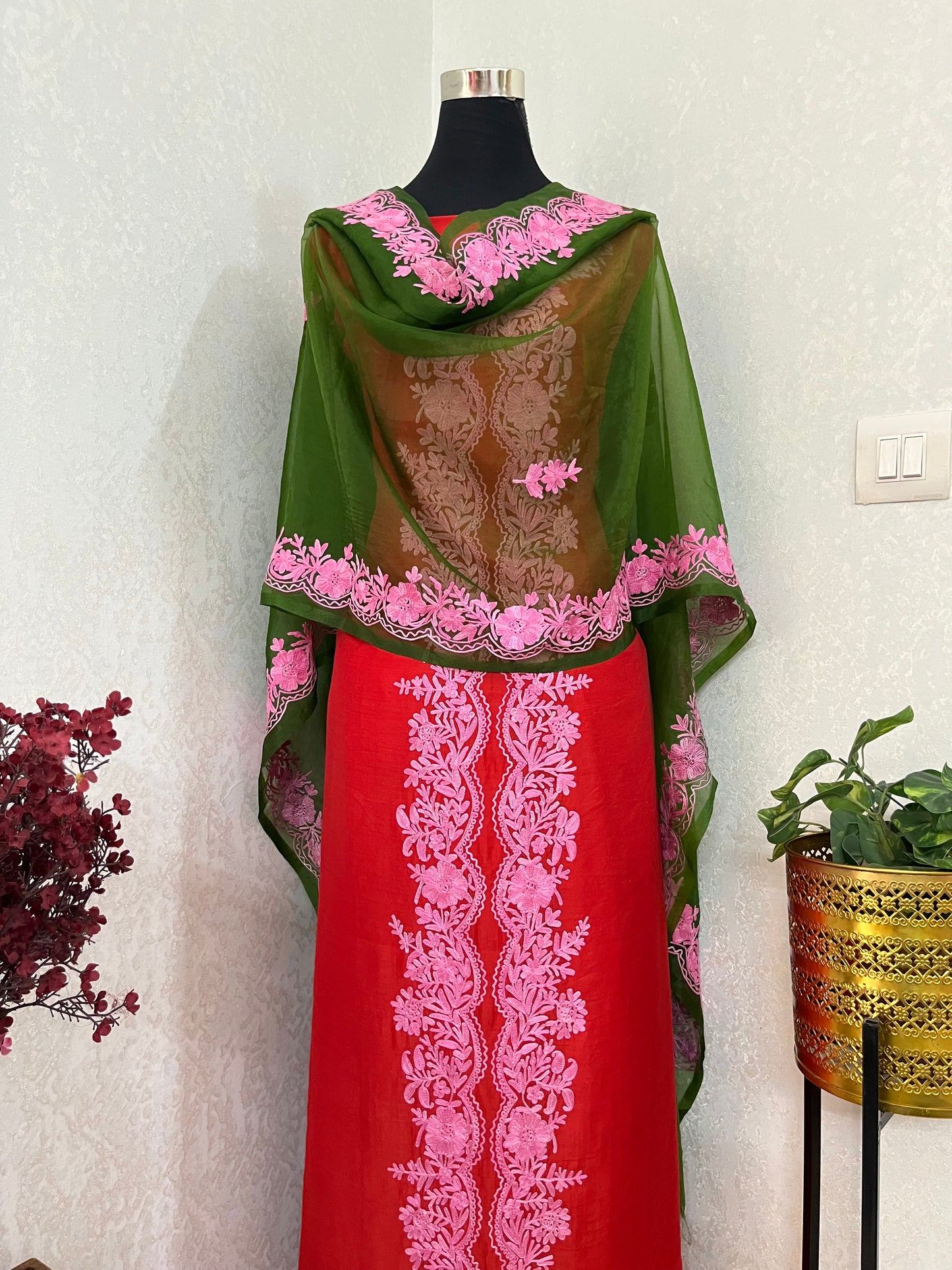 Red Chanderi Silk Kashmiri Suit