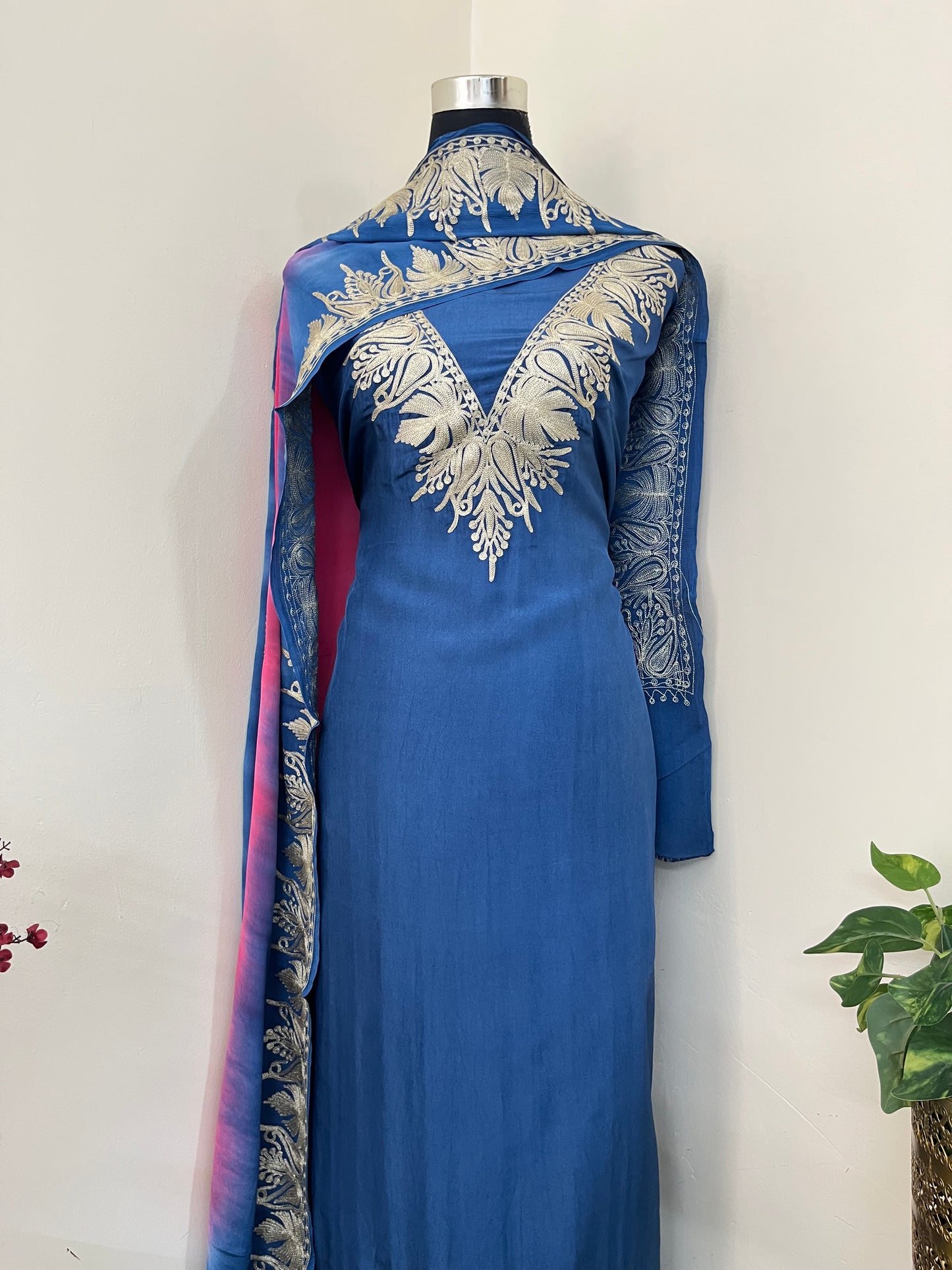 Sanam Electric Blue Silk Kashmiri Suit