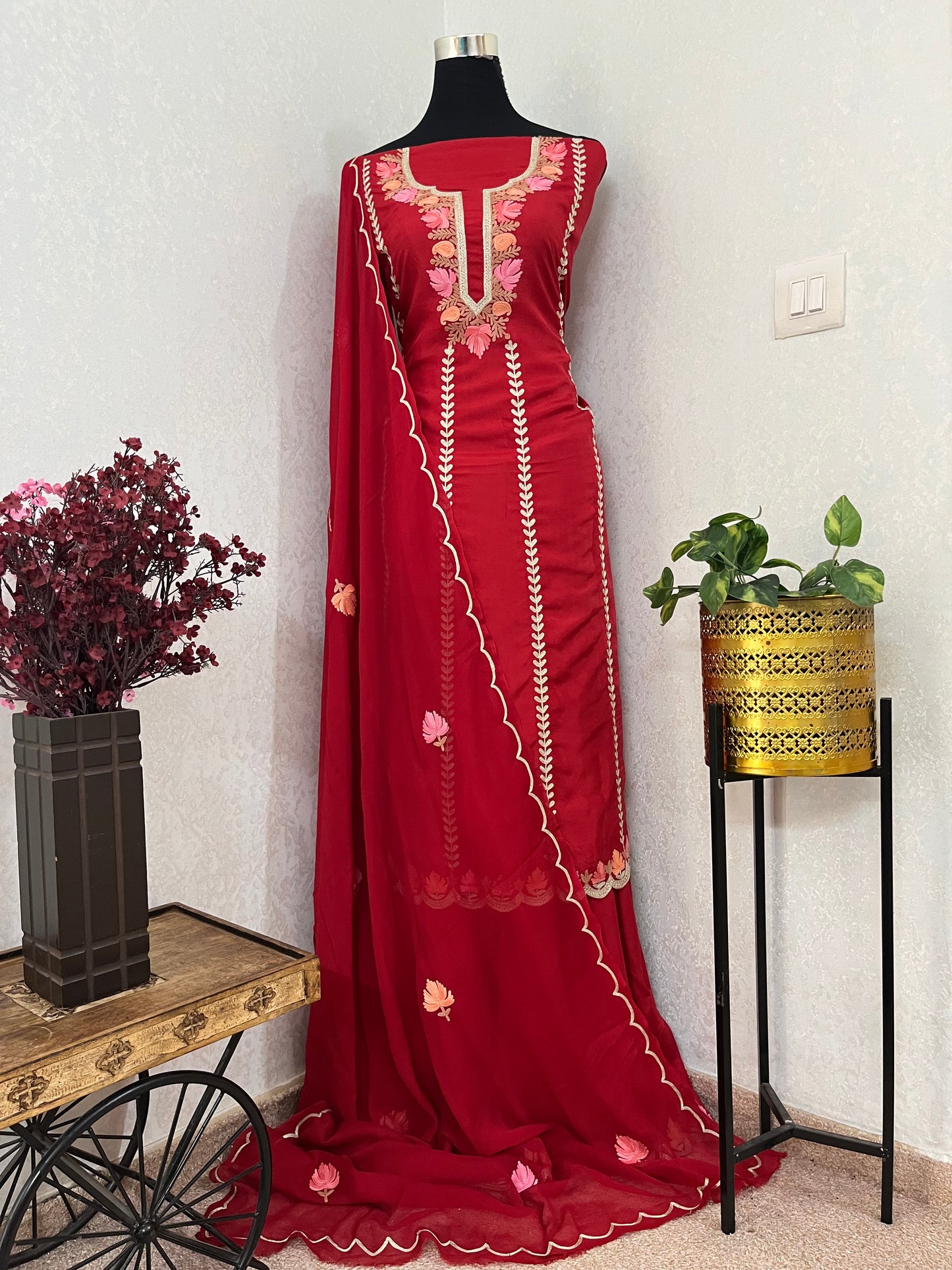 Sanam’ Maroon Silk Aari Embroidered Suit material