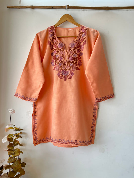 Peach Cotton Aari Work Kurta