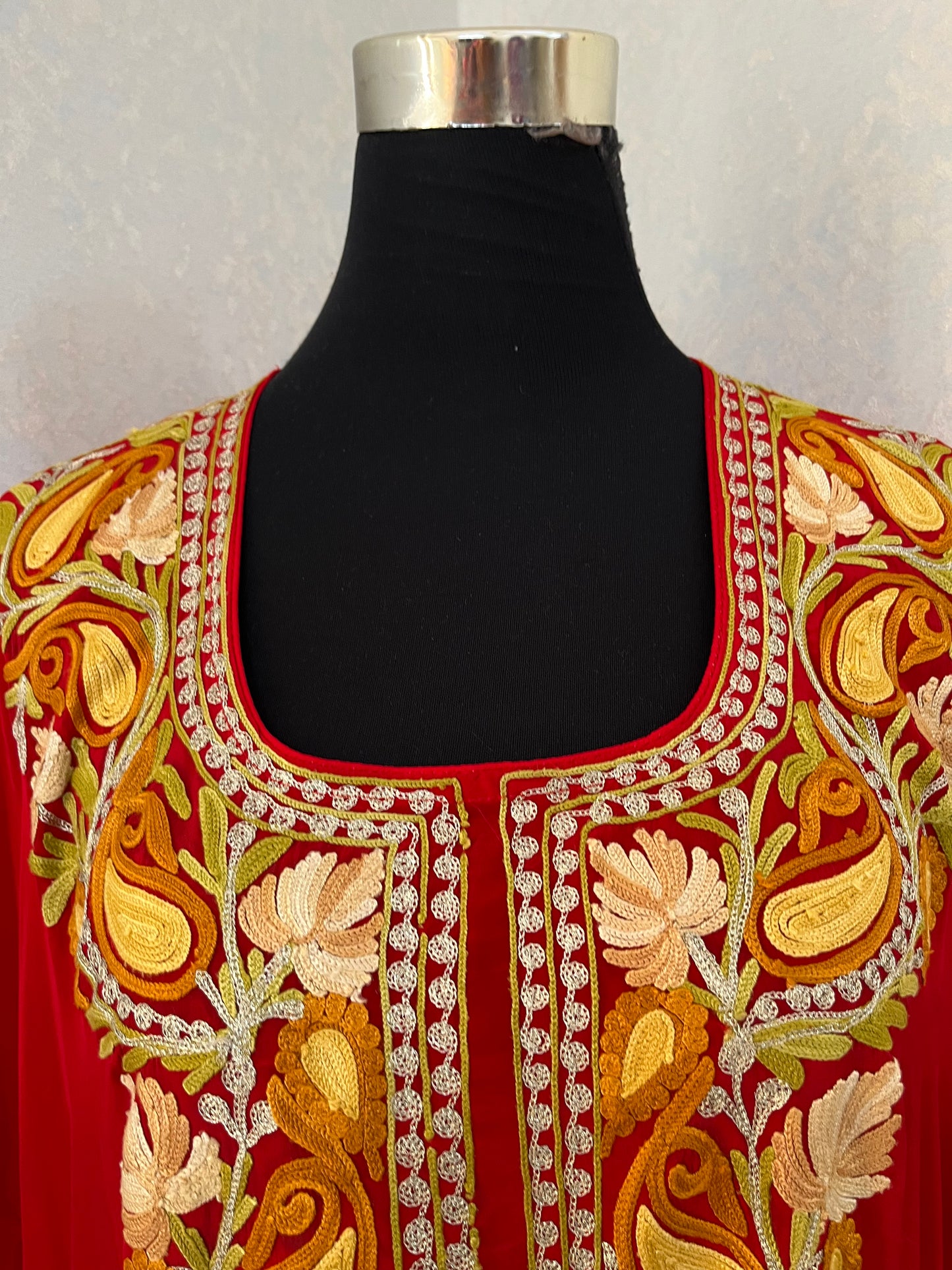 Red Pure Crape Kashmiri Kaftan