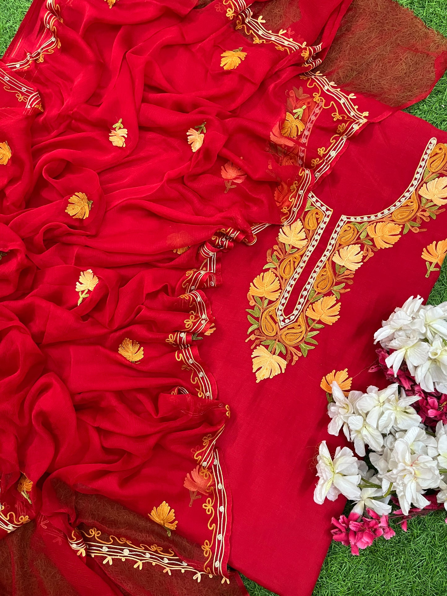 Red Muslin Cotton Jaal Sleeves Kashmiri 3pc Suit