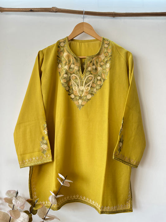 Yellow Cotton Aari Work Kurti