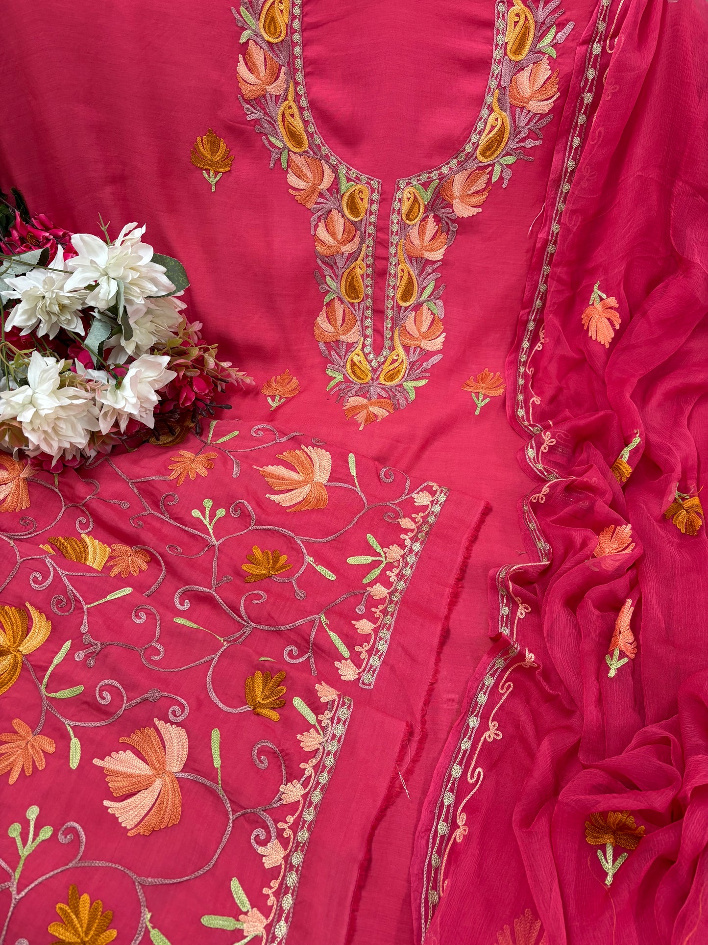 Carrot Red Muslin Cotton Jaal Sleeves Kashmiri 3pc Suit