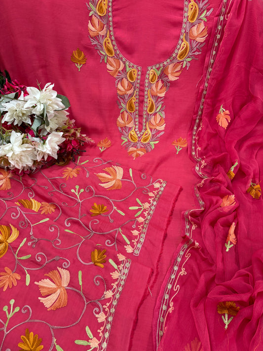 Carrot Red Muslin Cotton Jaal Sleeves Kashmiri 3pc Suit