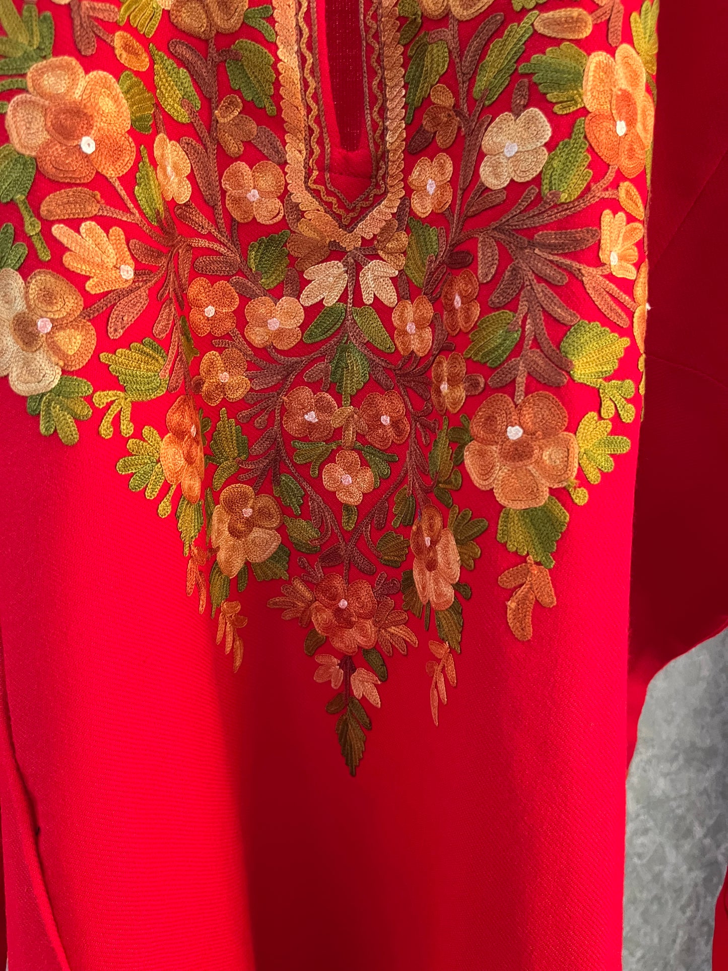 Red Aari Embroidered Wool Pheran