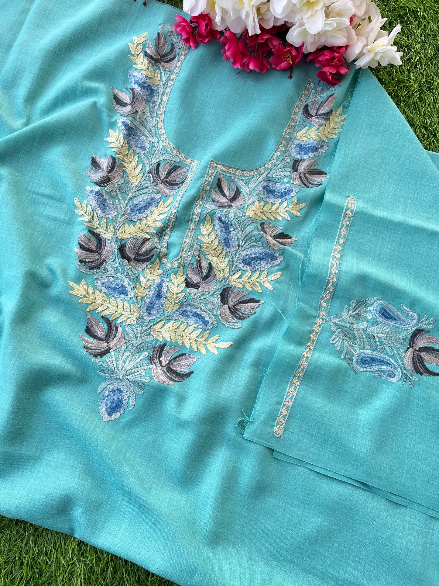 Sky Blue Cotton Unstitched Aari Work Kurti