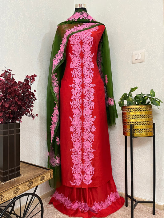 Red Chanderi Silk Kashmiri Suit