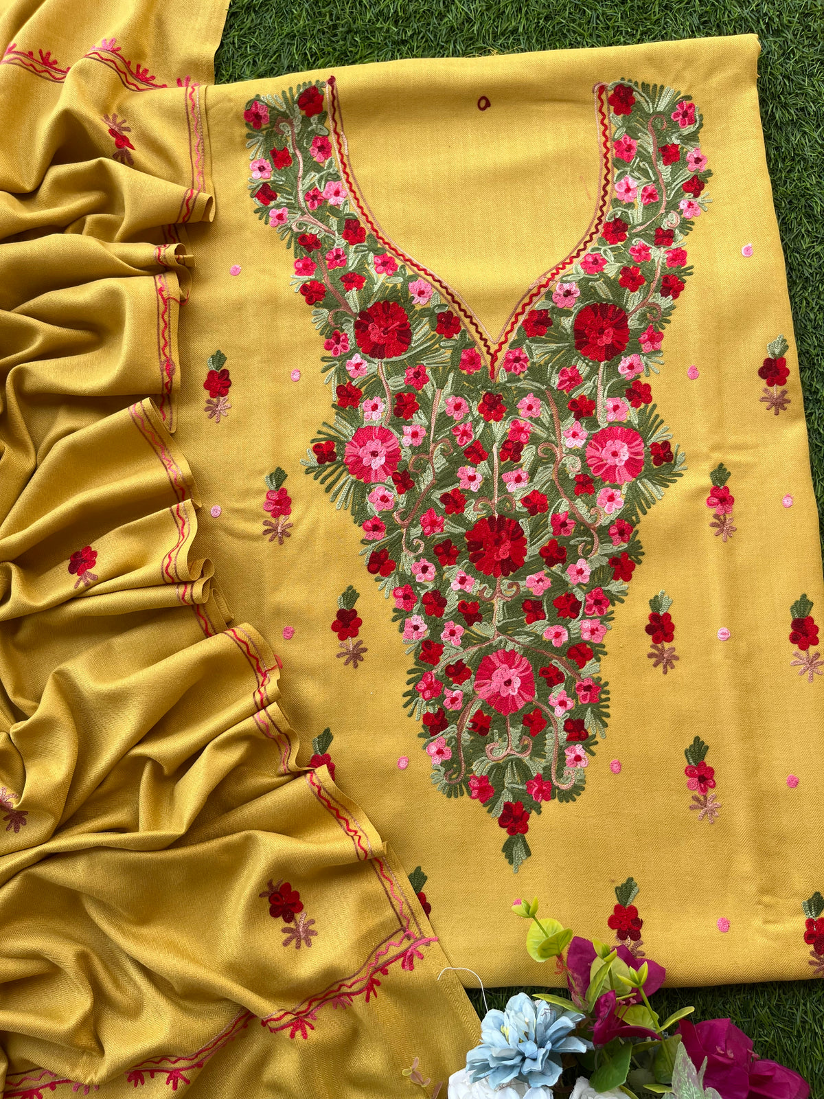Yellow Woollen Aari Embroidered 3pc suit