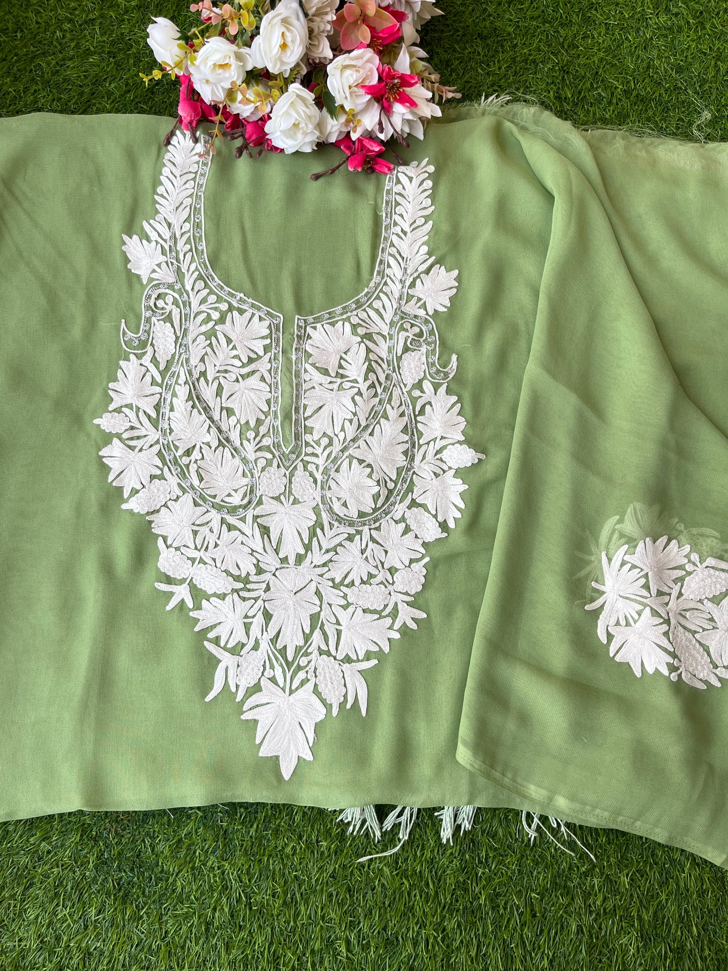 Lawn Green Georgette Kashmiri Kurta Material