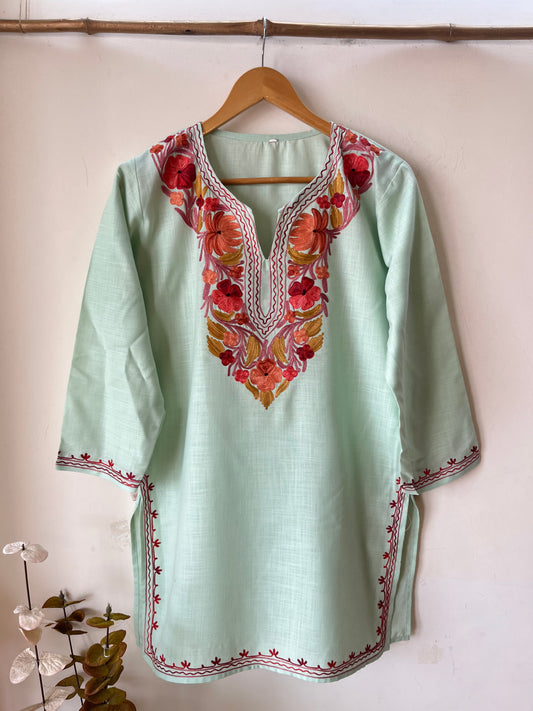 Pista Green Cotton Aari Work Kurta