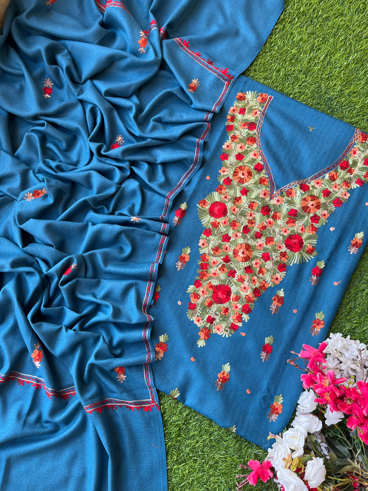 Peacock Blue Woollen Aari Embroidered 3pc suit