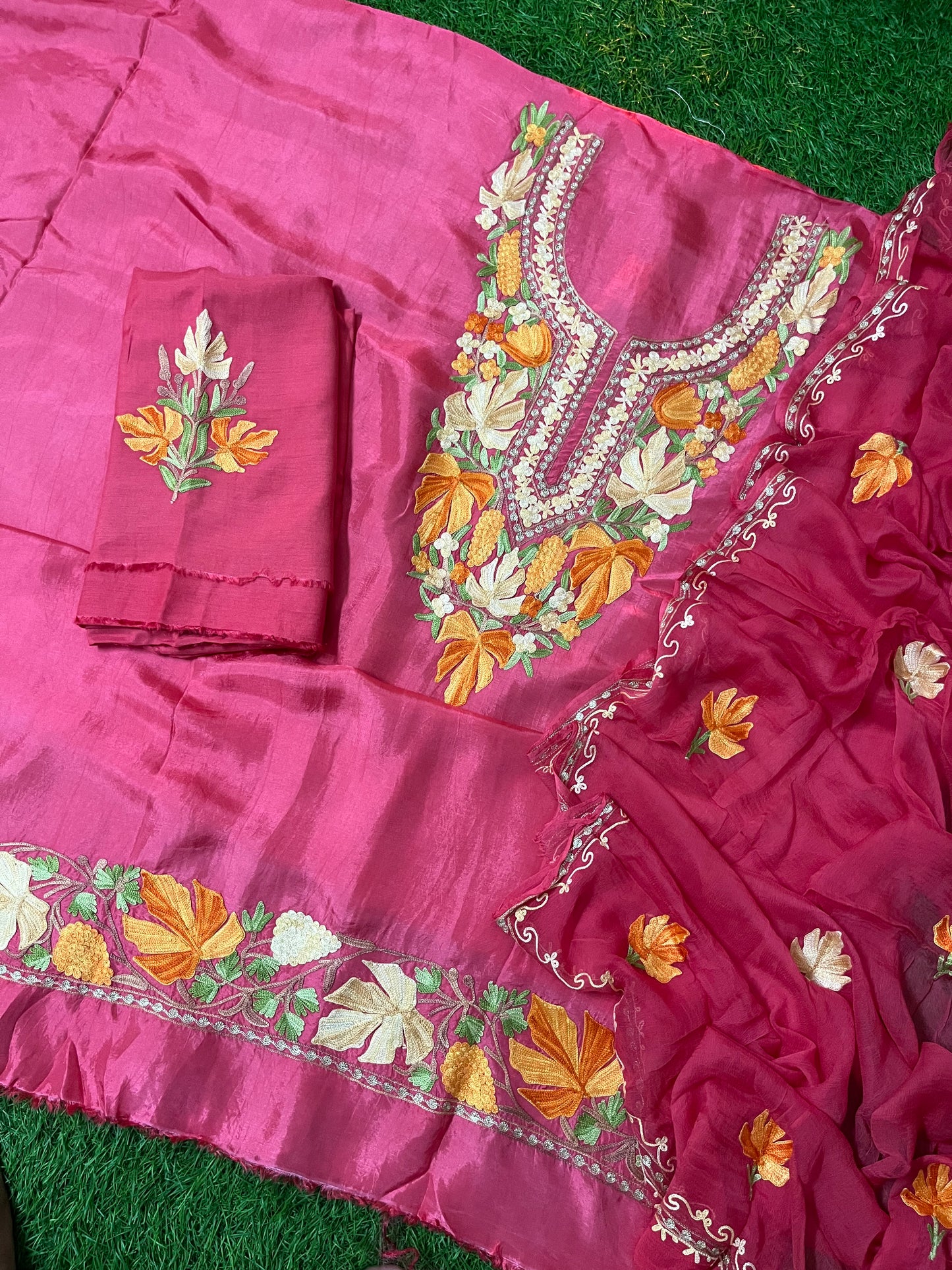 Carrot Pink Opada Silk Aari Embroidered Suit material