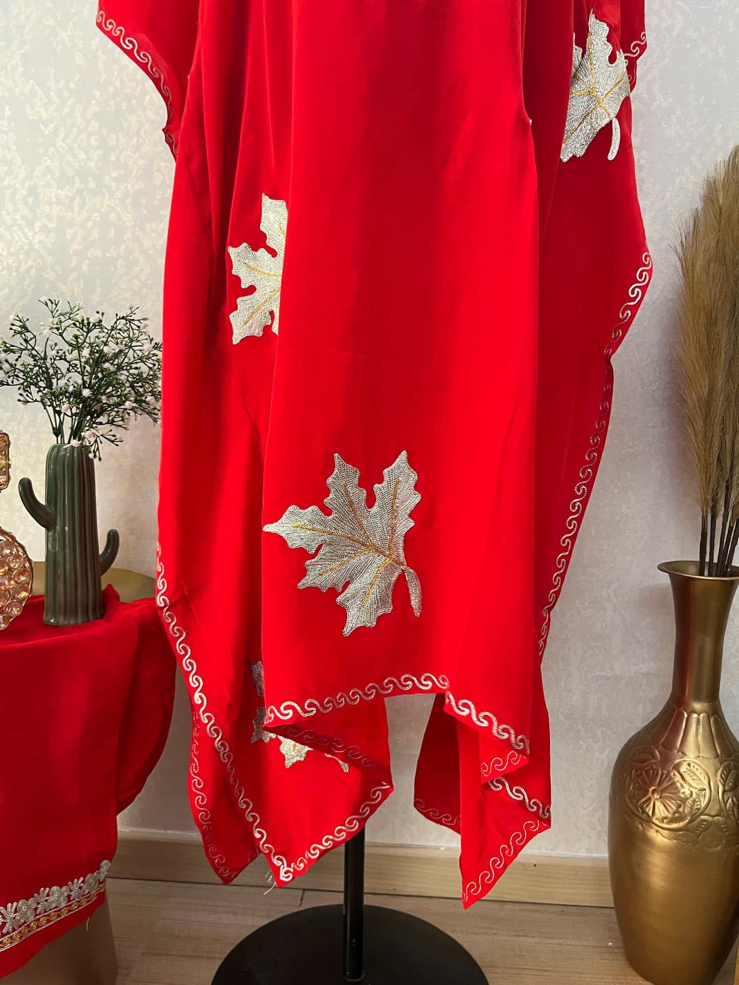 Red Crape Kashmiri Kaftan Set