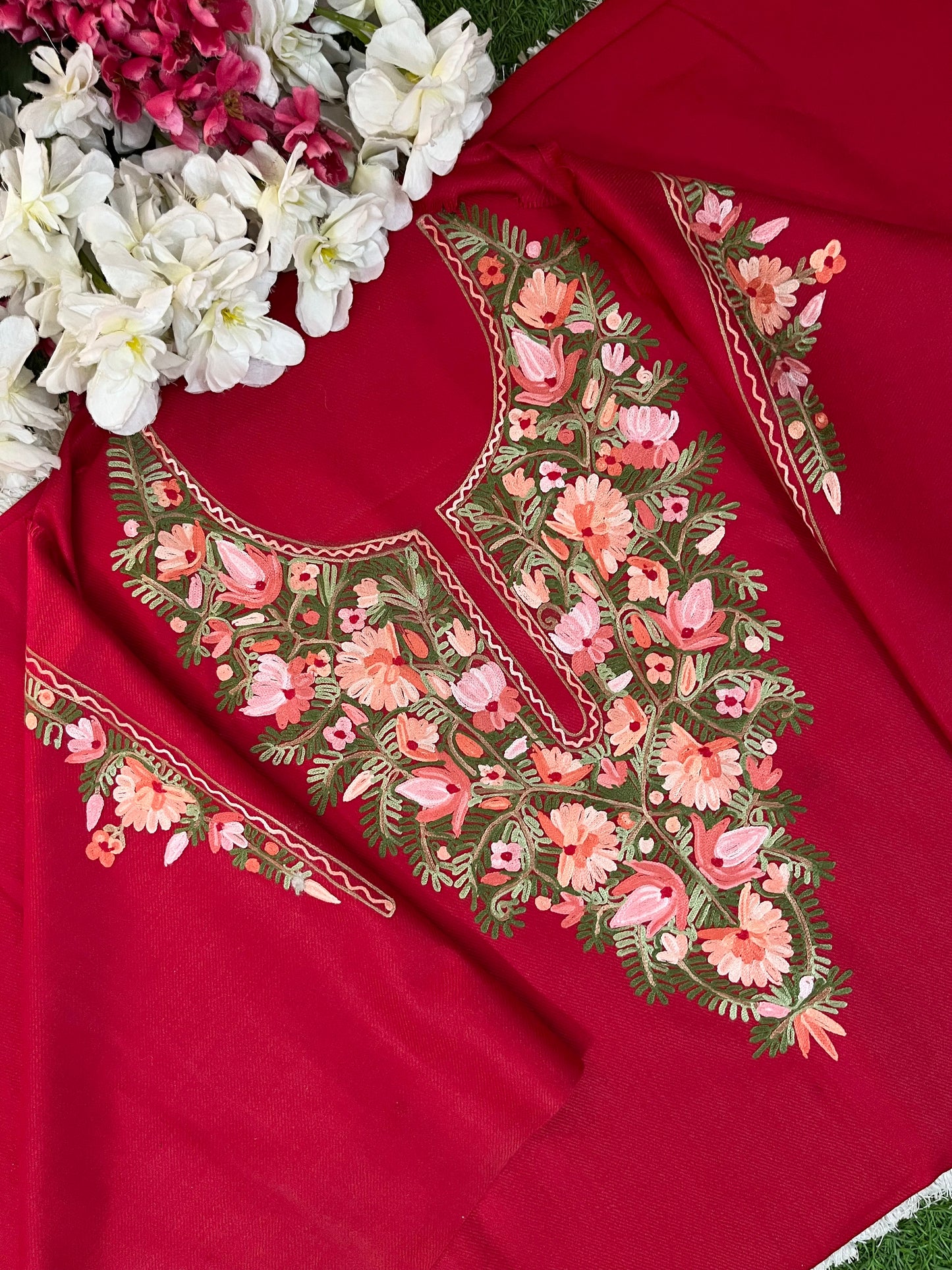 Red Woollen Aari Embroidered 2pc suit 5mtr