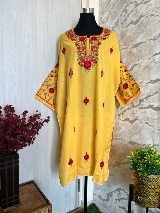 ‘Bageecha’ Yellow Cotton Semi Stitched Cream Aari Work Kurti