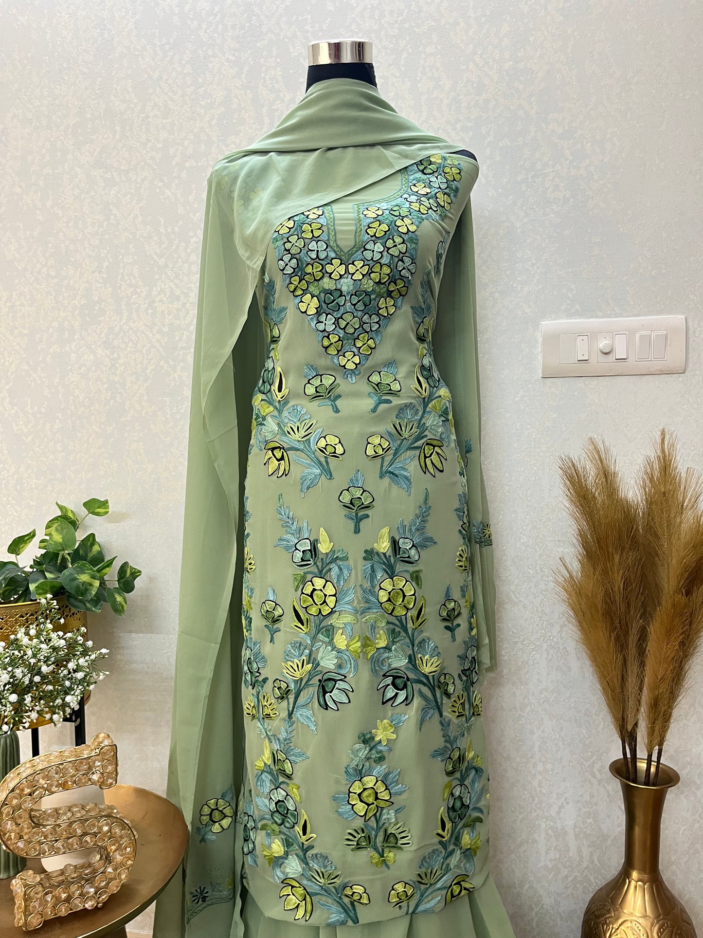 Mint Green Georgette 3 Pc Kashmiri Suit