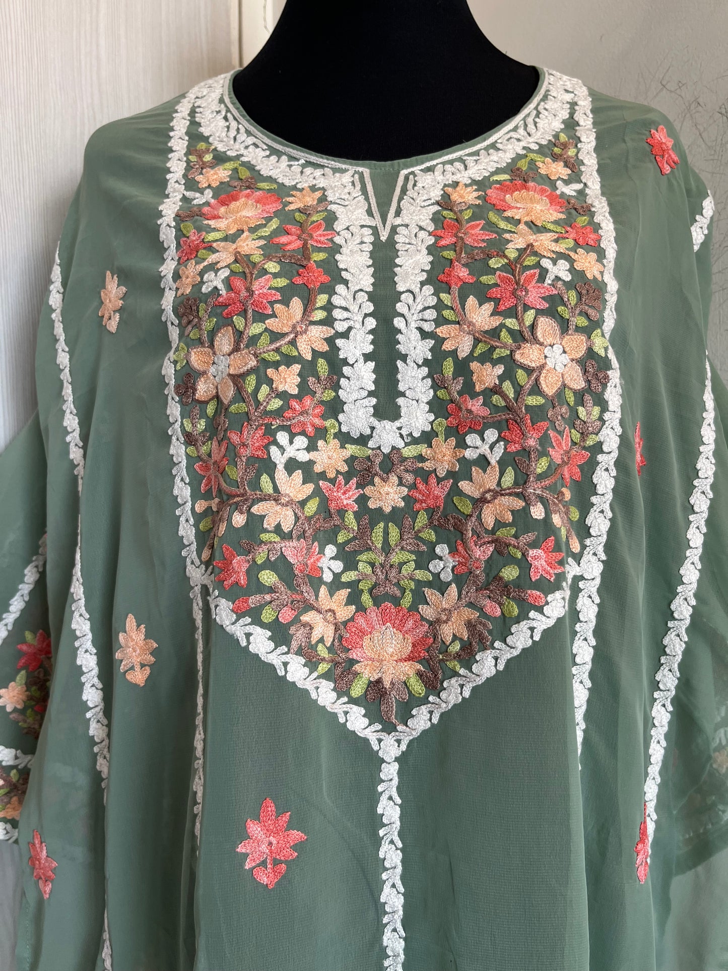 Pastel Green Georgette All over Work Aari Embroidered Unstitched Kurta Material