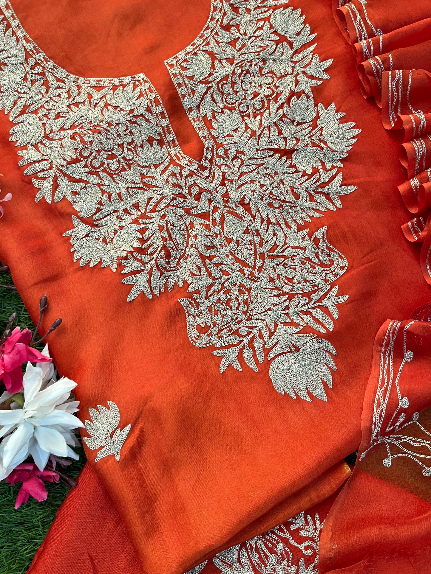 Rust Orange Silk Tilla Kashmiri Suit