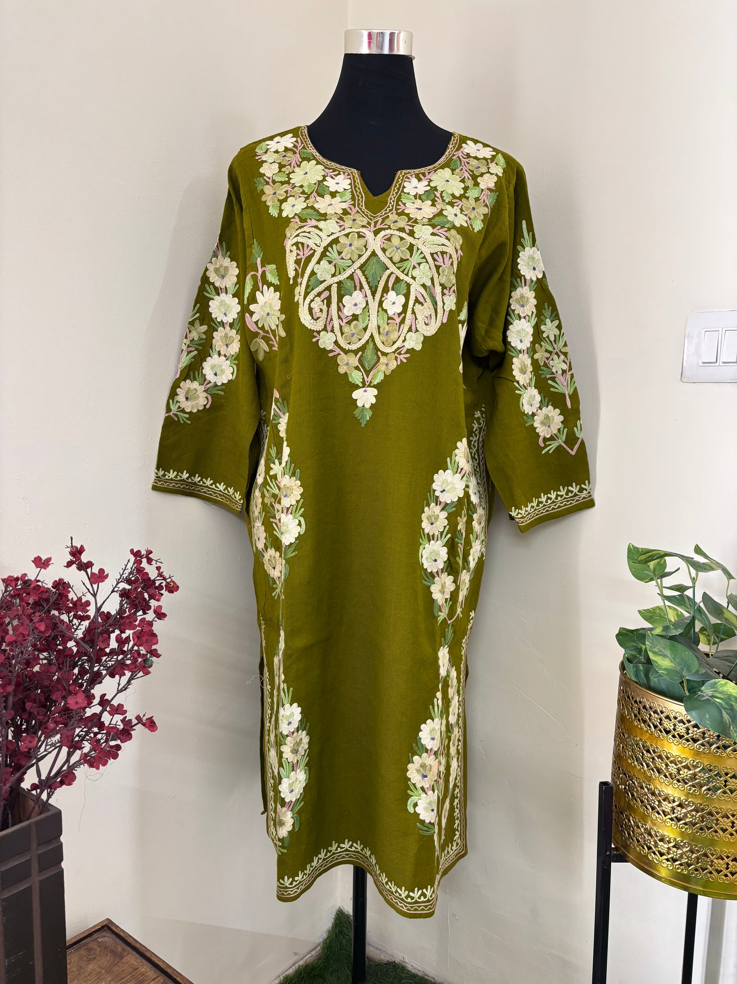 Henna Green Aari Embroidered Wool Pheran