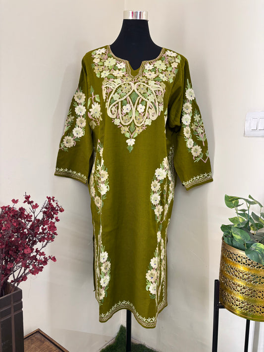 Henna Green Aari Embroidered Wool Pheran