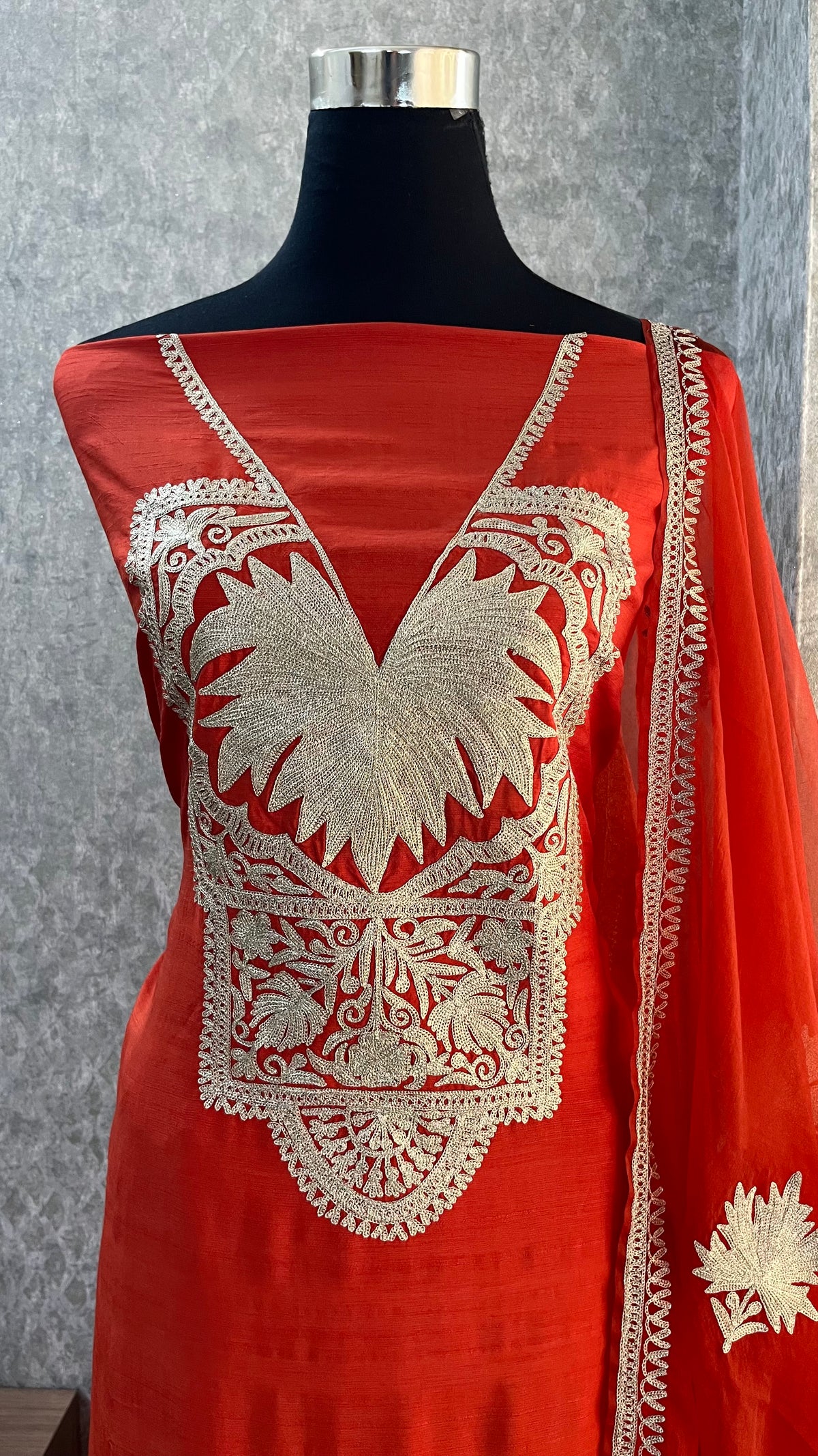 Orange Silk Tilla Embroidered Suit