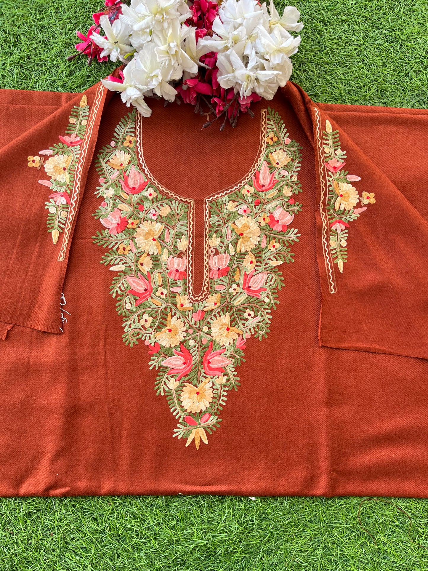 Rust Orange Woollen Aari Embroidered 2pc suit 5mtr