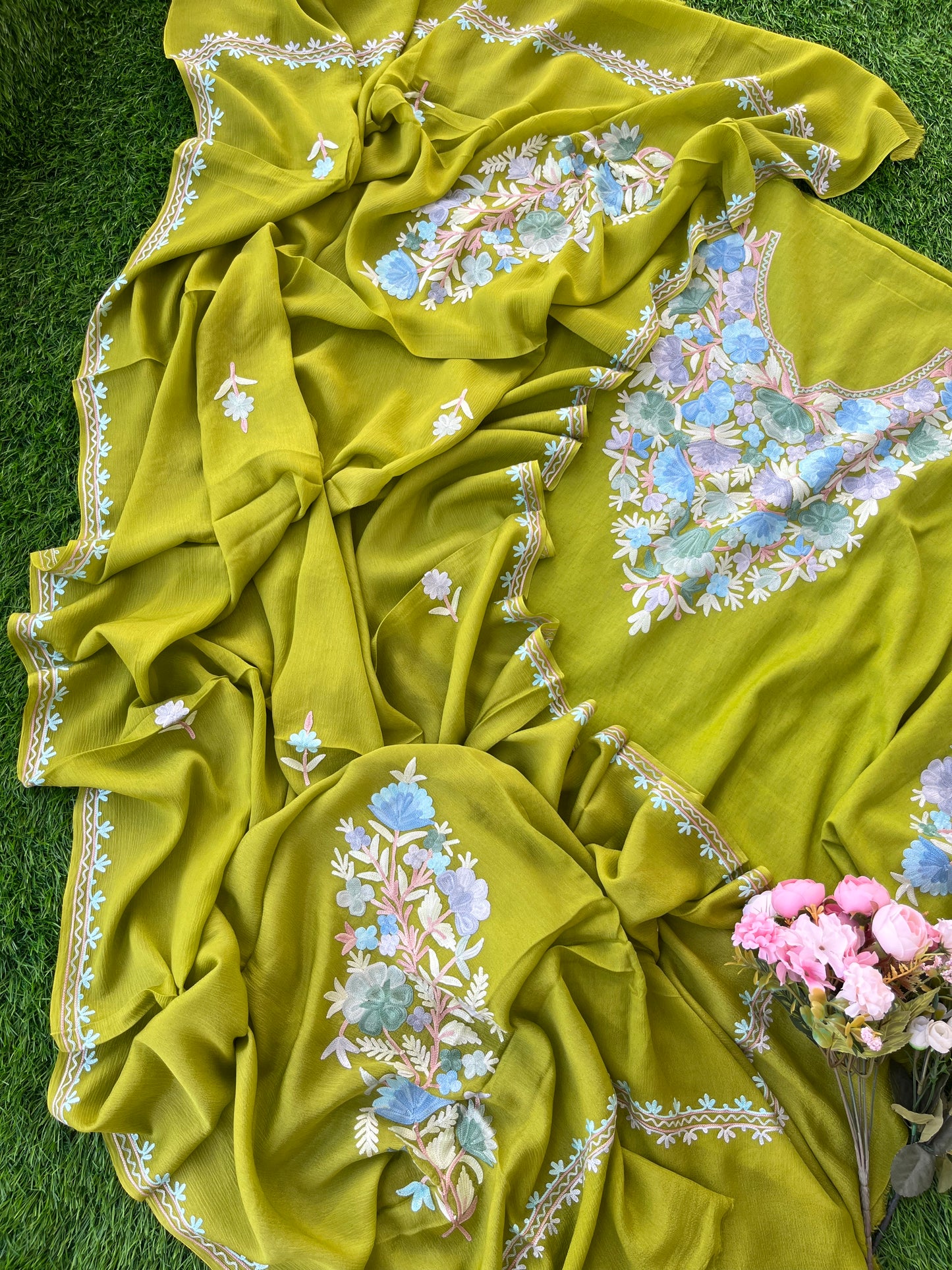 Pear Green Linen Cotton suit material with Pure Chinon Dupatta
