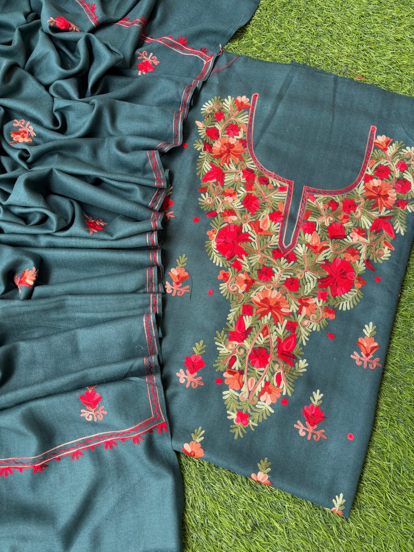 Greyish Blue Woollen Aari Embroidered 3pc suit