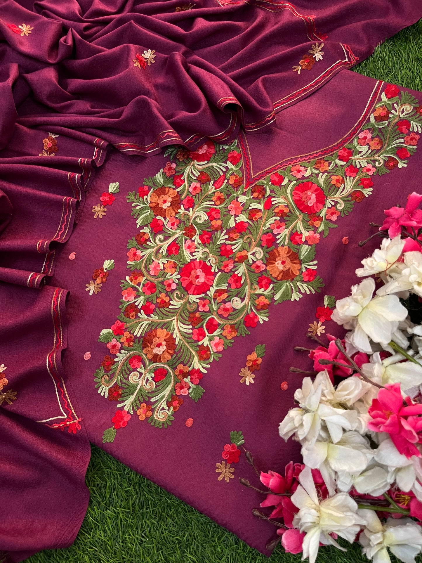 Wine Woollen Aari Embroidered 3pc suit