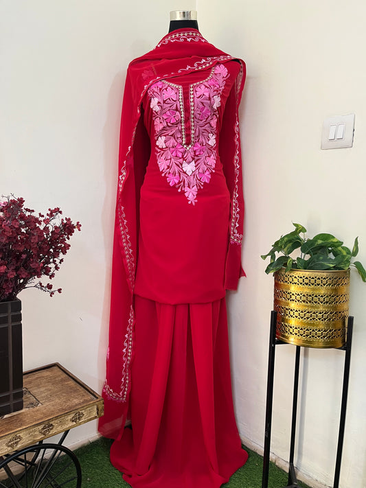 Red Georgette 3 Pc Aari Embroidered Suit Set