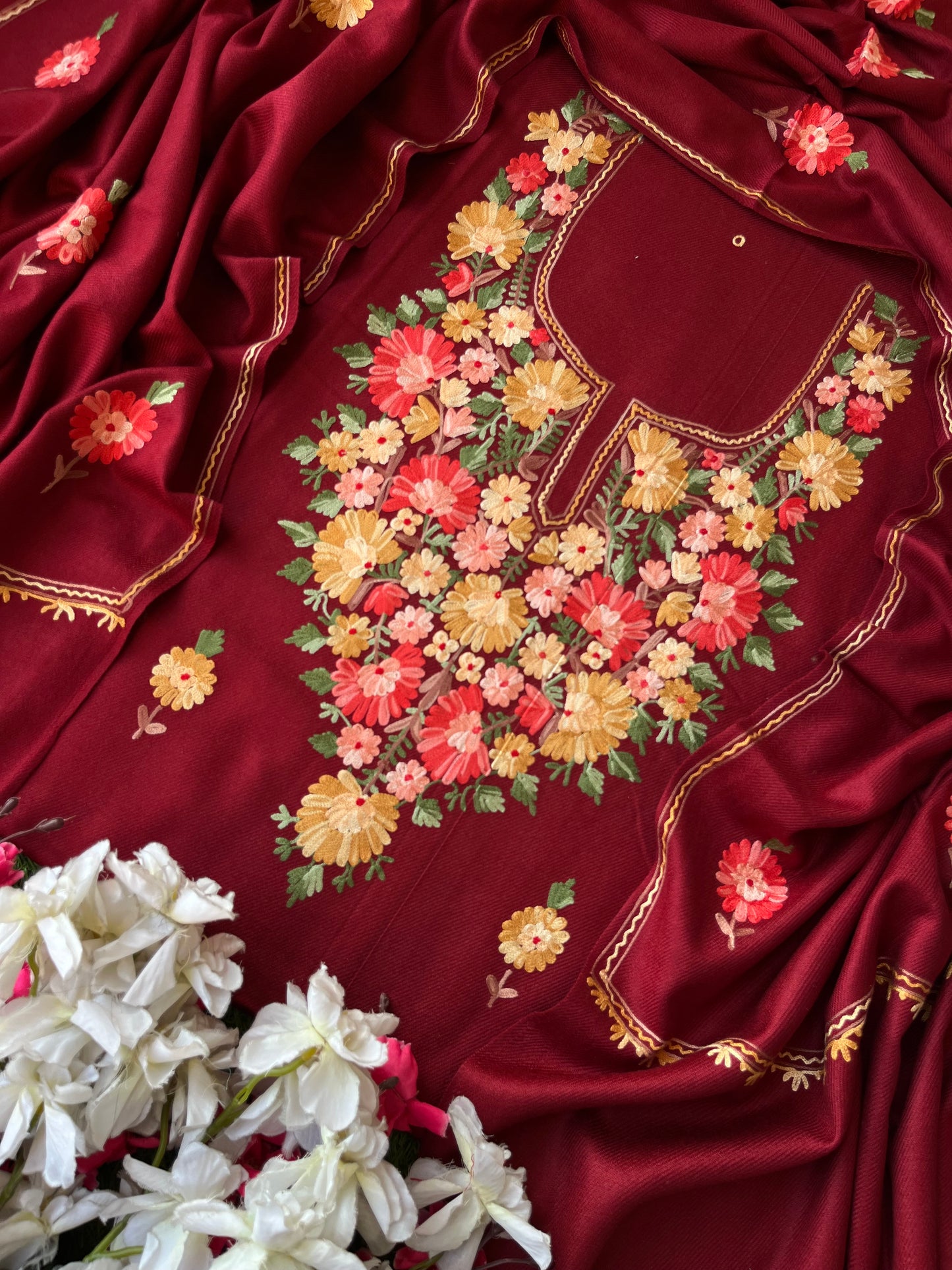 Maroon Woollen Aari Embroidered 3pc suit