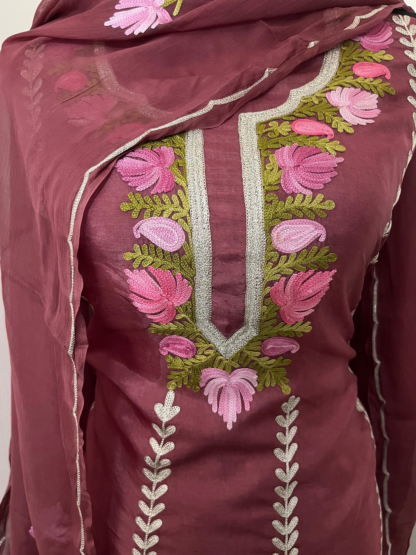 Sanam’ Coke Silk Aari Embroidered Suit material