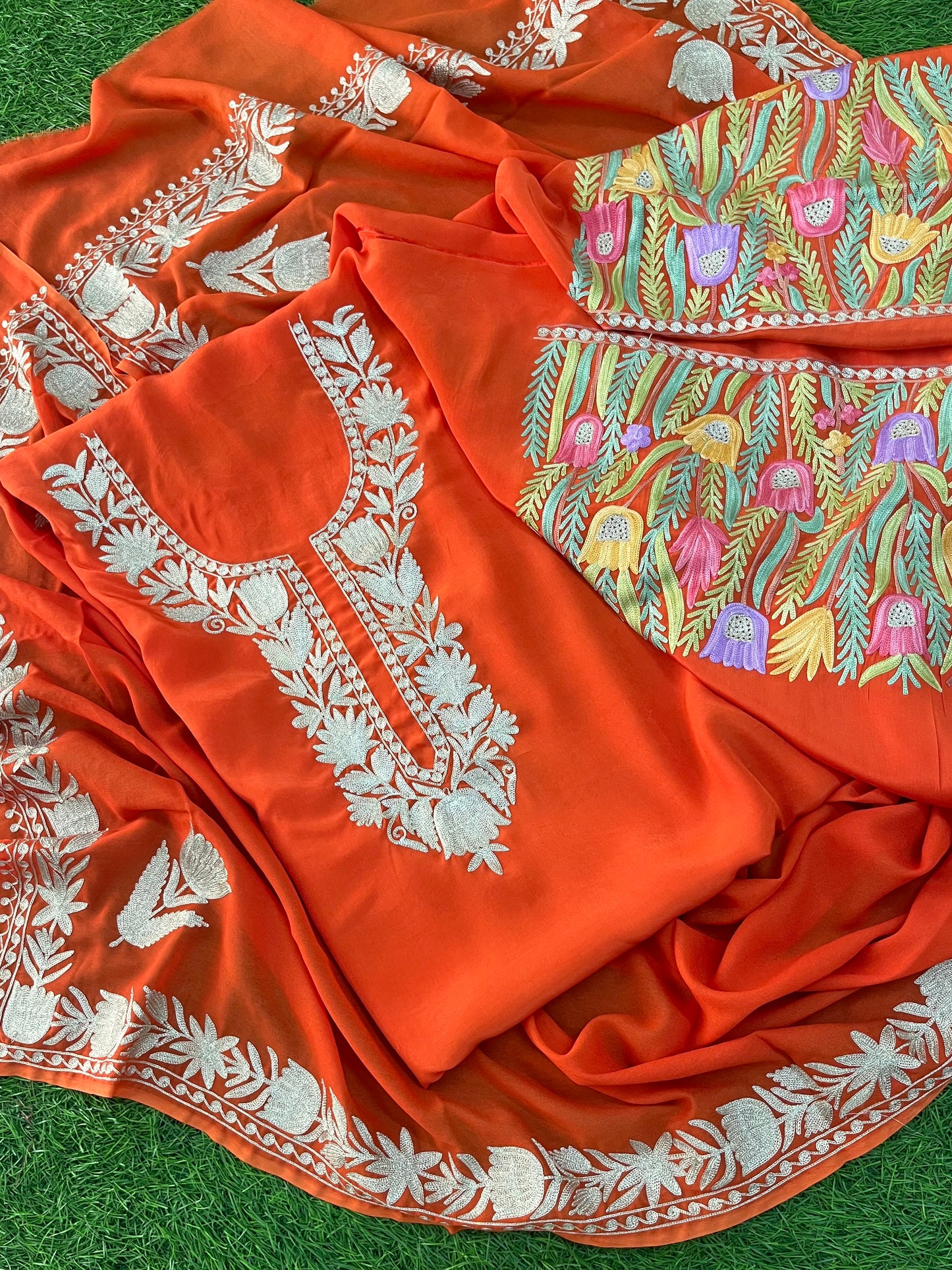 Kalaa’ Orange Crape Kashmiri Suit