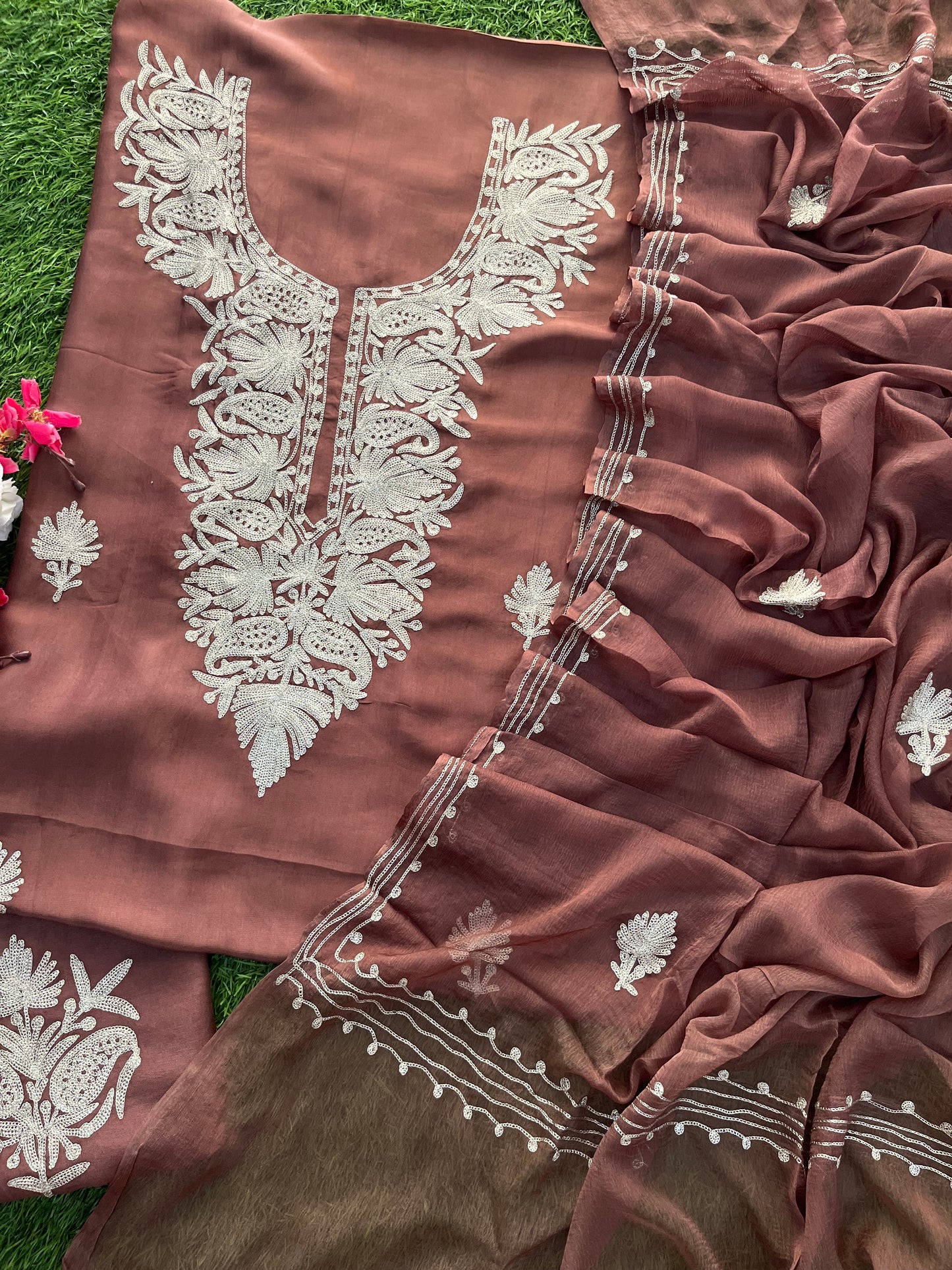 Coffee Brown Silk Tilla Kashmiri Suit