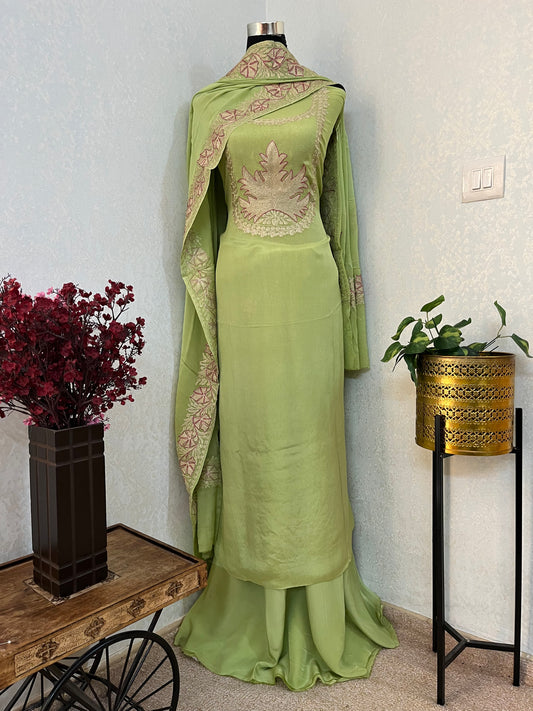 Lime Green Chinon 3 Pc Aari Embroidered Suit