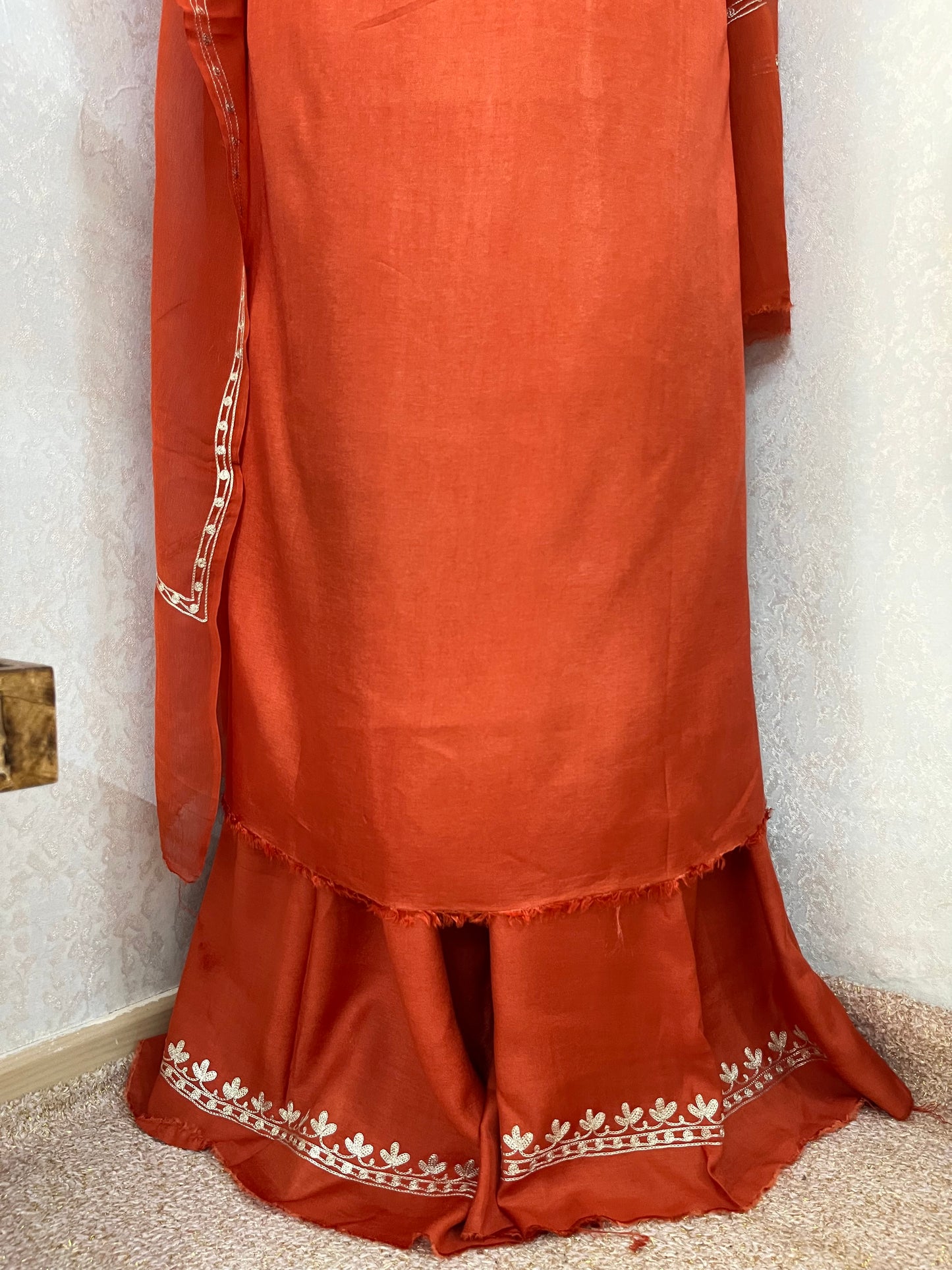 Sweet Orange Silk Tilla Kashmiri Suit