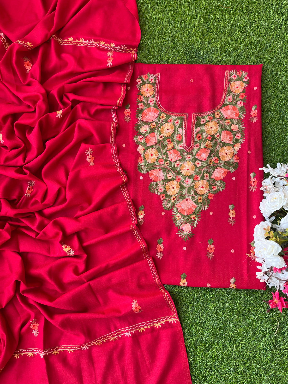 Red Woollen Aari Embroidered 3pc suit