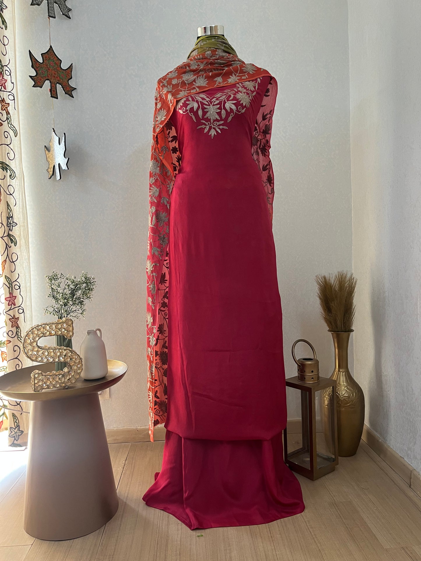 Coral Pink Pure Chinon 3 Pc Heavy Kashmiri Suit