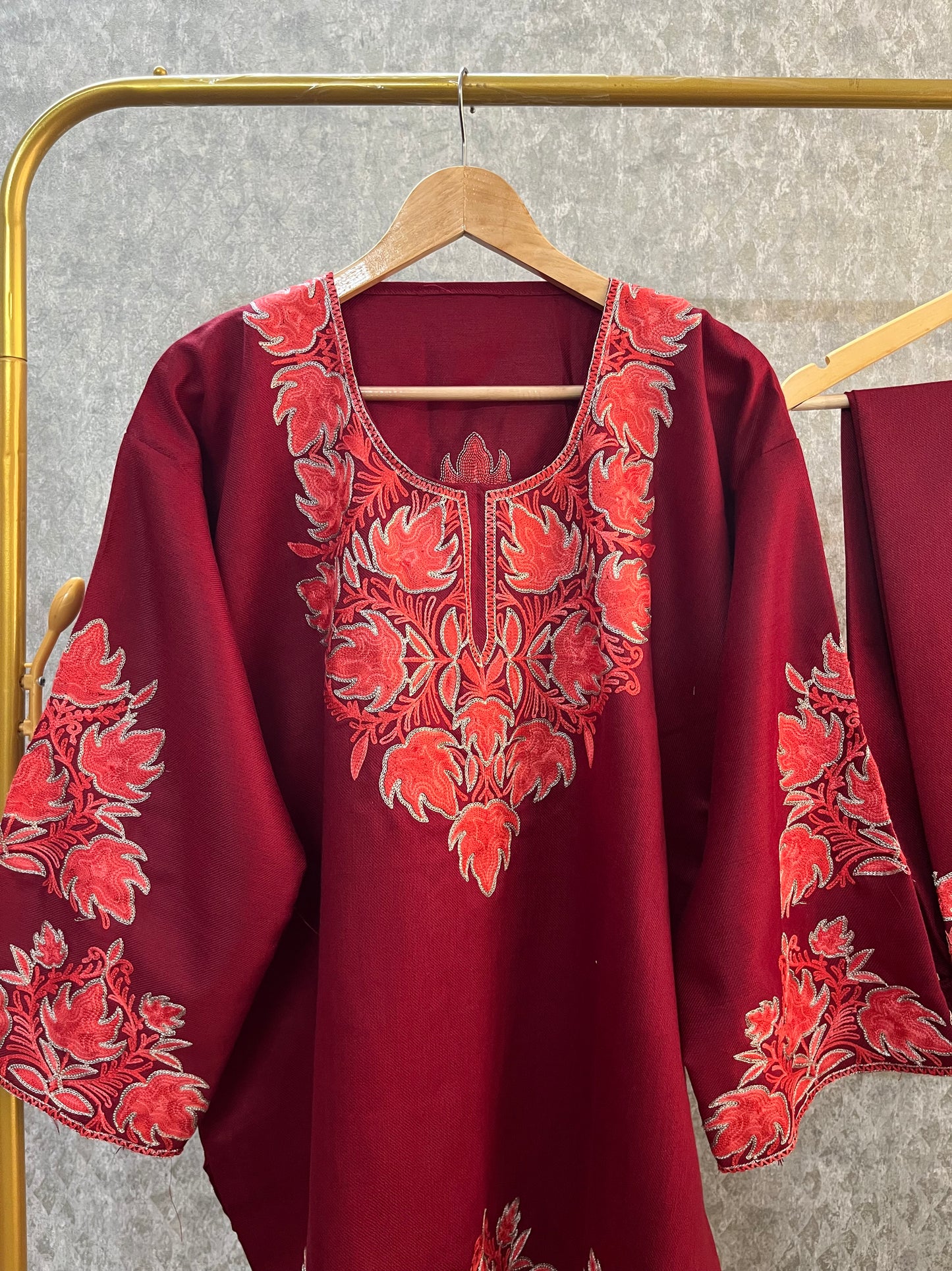 Maroon Woollen Kashmiri Co-Ord Set ( Size 46)