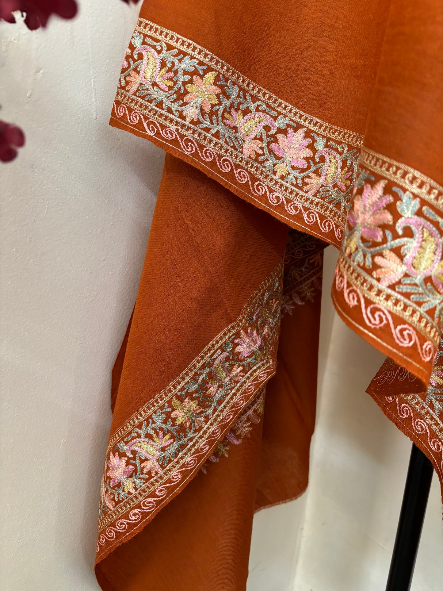 Orange Silk Thread Ambi Aangan Embroidered Fine Semi Pashmina stole