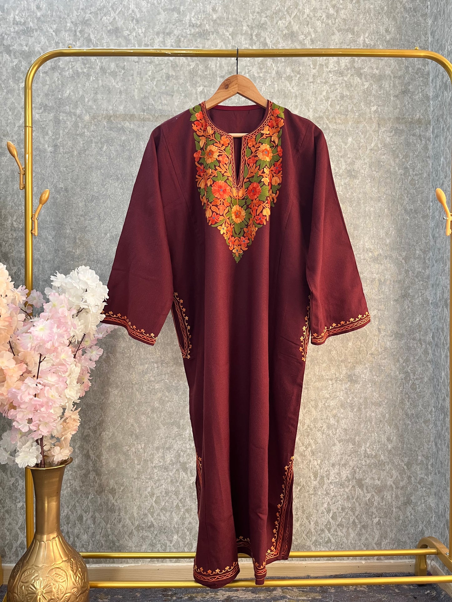 Reddish Brown Aari Embroidered Wool Pheran