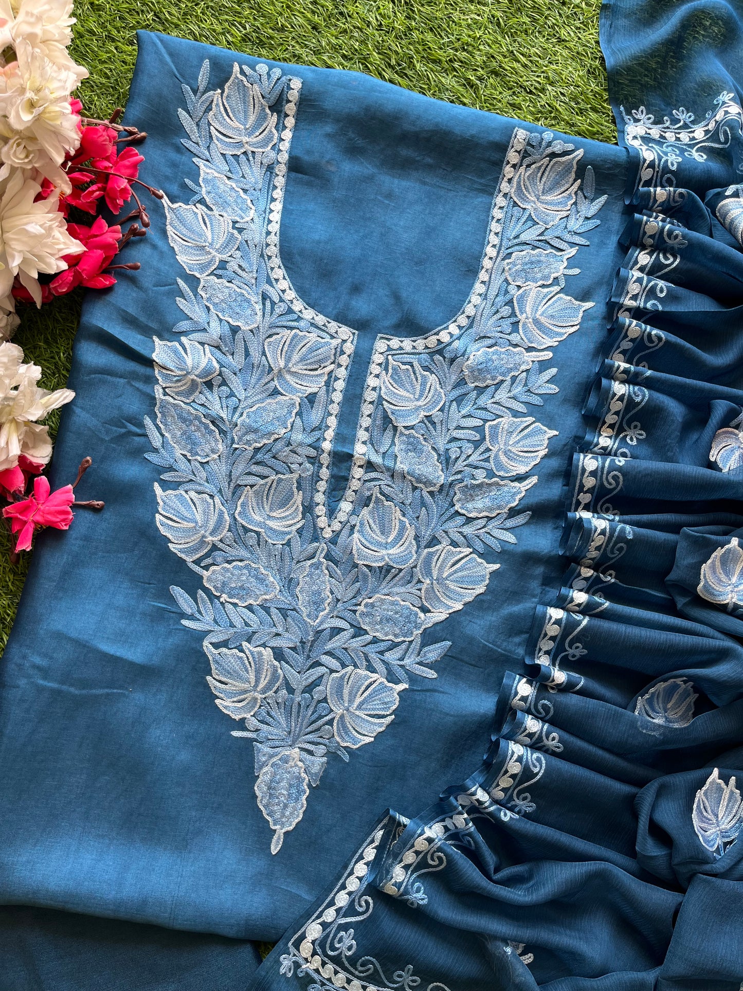Blue Opada Silk Kashmiri Suit