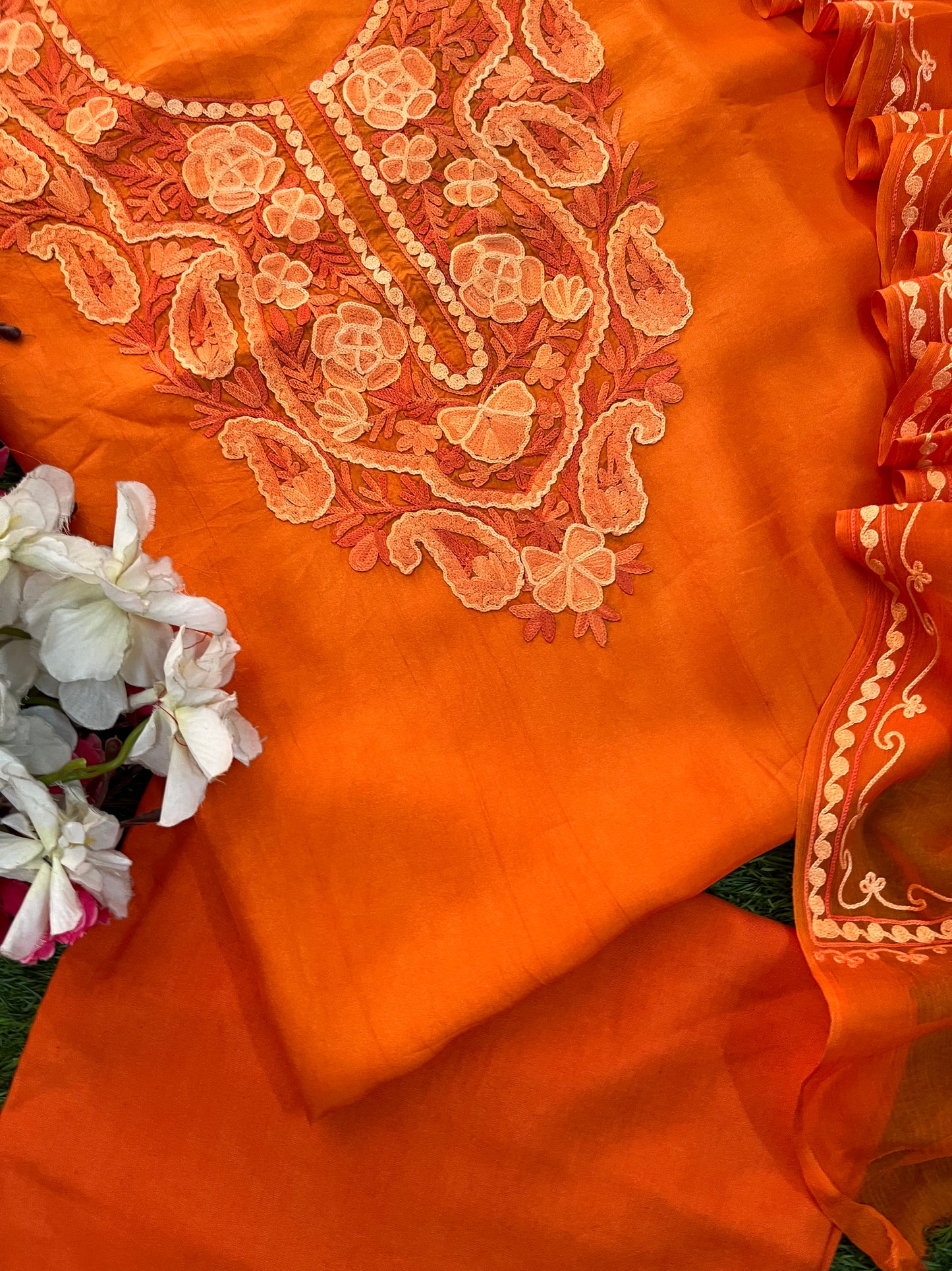 Orange Opada Silk Kashmiri Suit