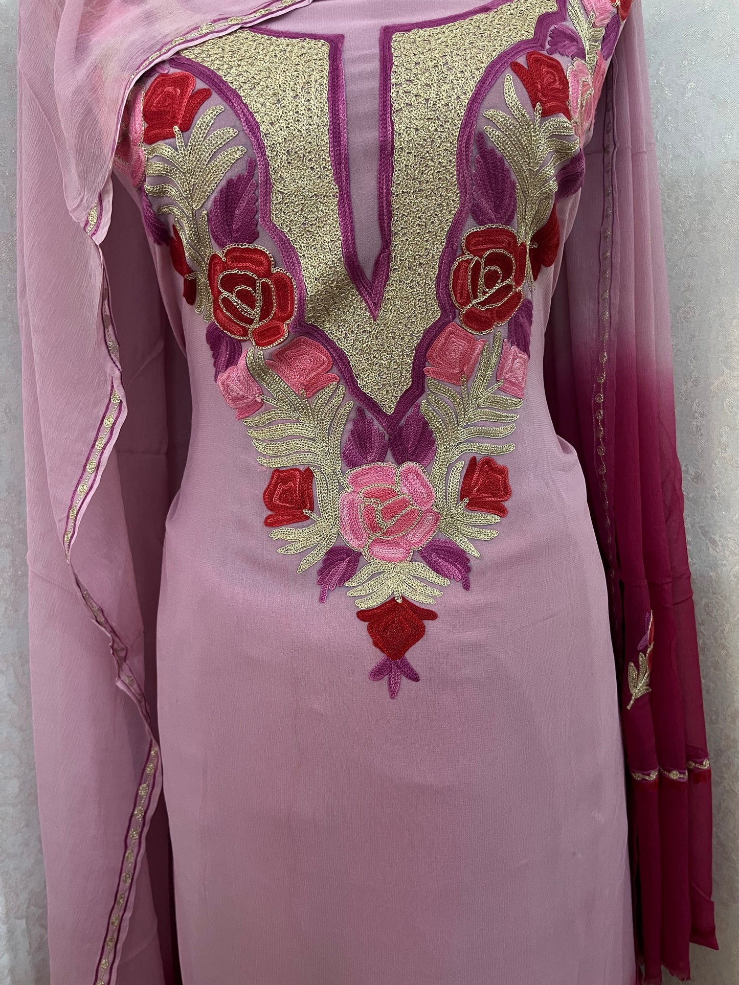 Baby Pink Pure Georgette Double Shade Kashmiri Suit