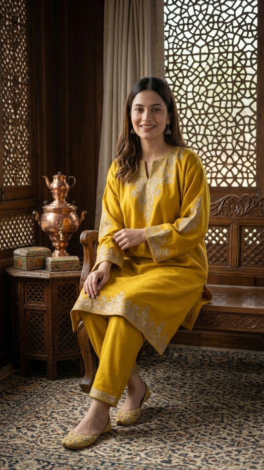 Yellow Woollen Kashmiri Co-Ord Set ( Size 46)