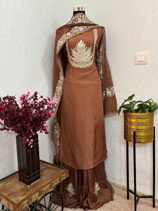 Soft Brown Tilla Kashmiri Silk Suit