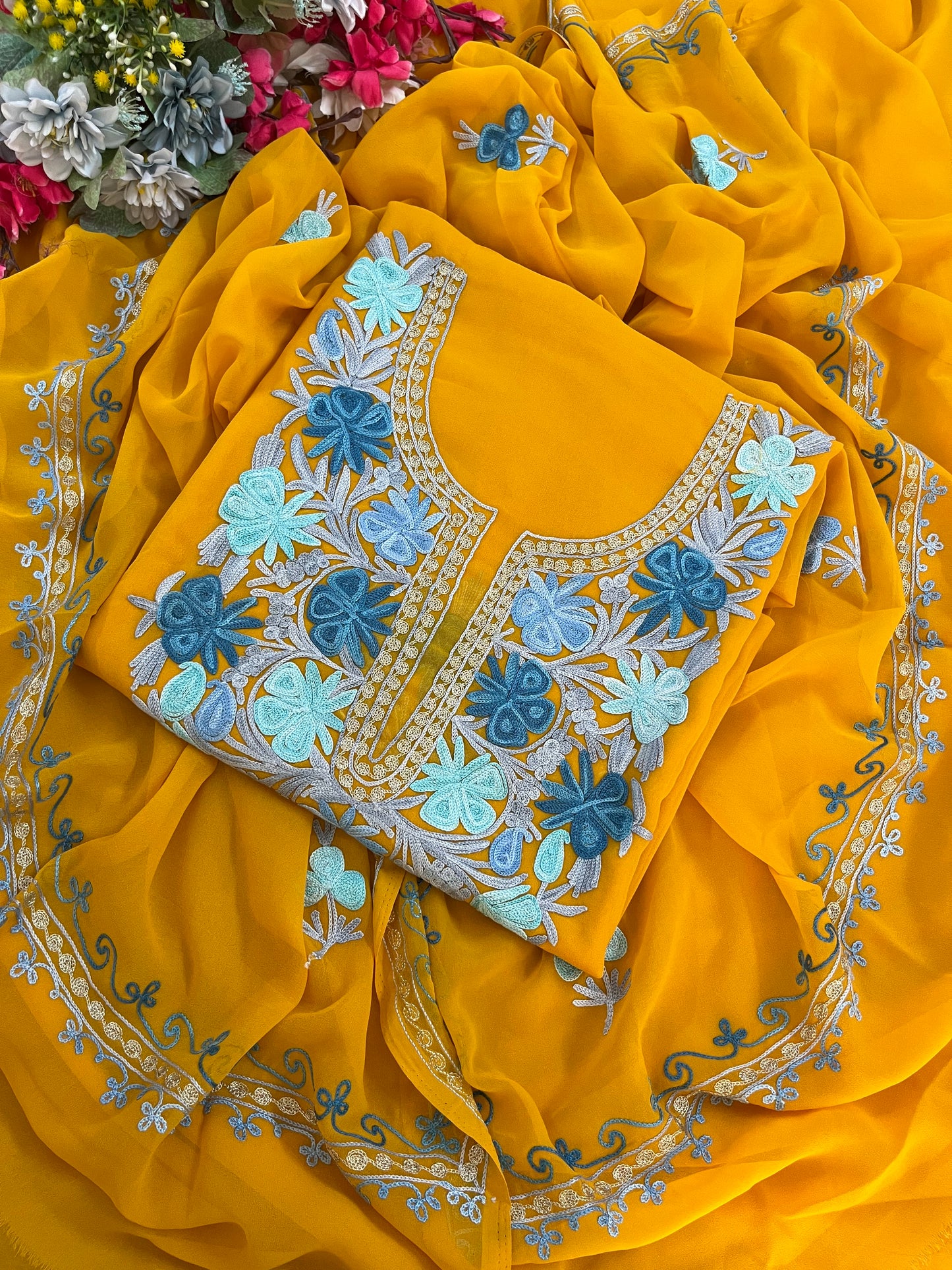 Mustard Georgette 3 Pc Aari Embroidered Suit Set